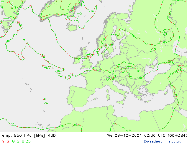 Temp. 850 hPa MOD We 09.10.2024 00 UTC