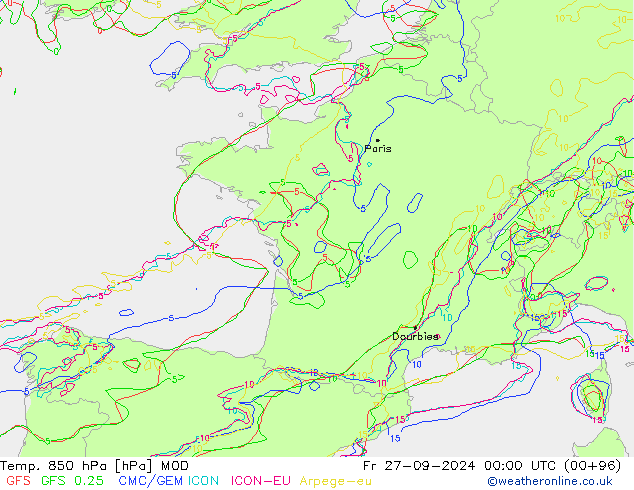 Temp. 850 hPa MOD ven 27.09.2024 00 UTC