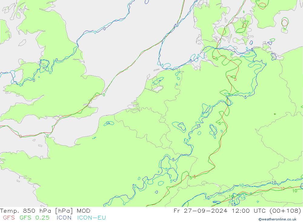 Temp. 850 hPa MOD Fr 27.09.2024 12 UTC