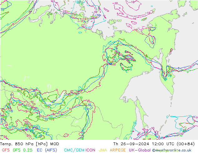 Temp. 850 hPa MOD Th 26.09.2024 12 UTC