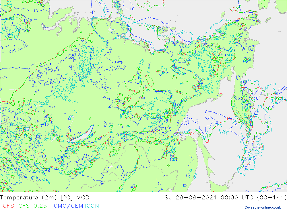 température (2m) MOD dim 29.09.2024 00 UTC