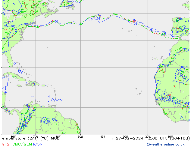 Temperature (2m) MOD Fr 27.09.2024 12 UTC