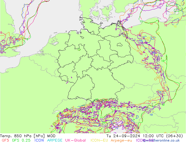 Temp. 850 гПа MOD вт 24.09.2024 12 UTC