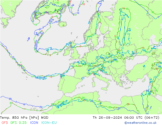 Temp. 850 hPa MOD Th 26.09.2024 06 UTC