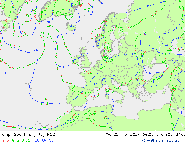 Temp. 850 hPa MOD mer 02.10.2024 06 UTC