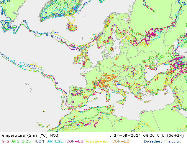 mapa temperatury (2m) MOD wto. 24.09.2024 06 UTC