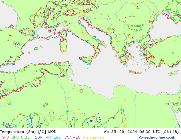 Temperature (2m) MOD We 25.09.2024 06 UTC