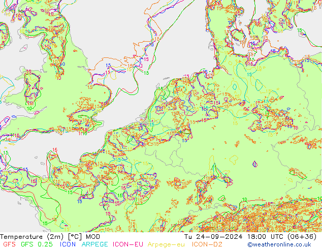 Temperature (2m) MOD Tu 24.09.2024 18 UTC