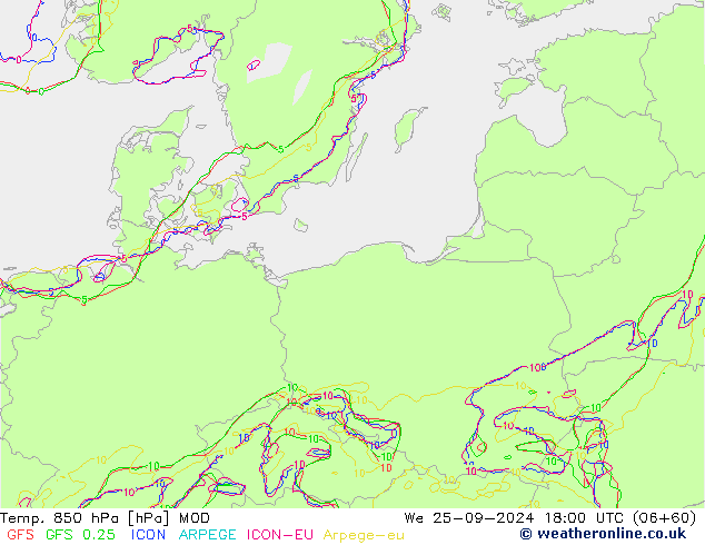 Temp. 850 hPa MOD mer 25.09.2024 18 UTC