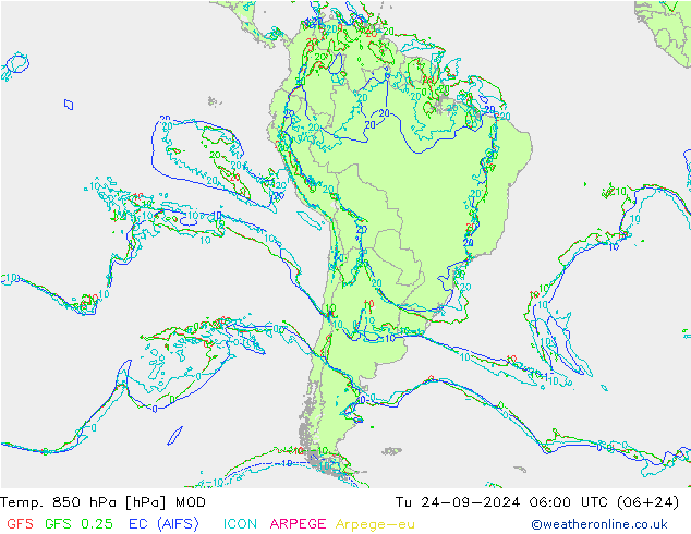 Temp. 850 hPa MOD Di 24.09.2024 06 UTC