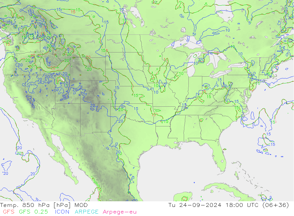 Temp. 850 hPa MOD Di 24.09.2024 18 UTC