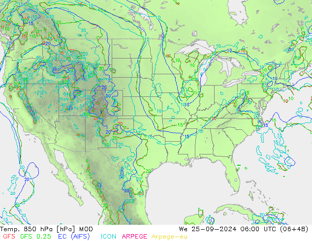 Temp. 850 hPa MOD We 25.09.2024 06 UTC