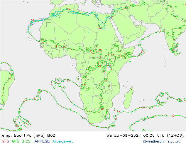 Temp. 850 гПа MOD ср 25.09.2024 00 UTC