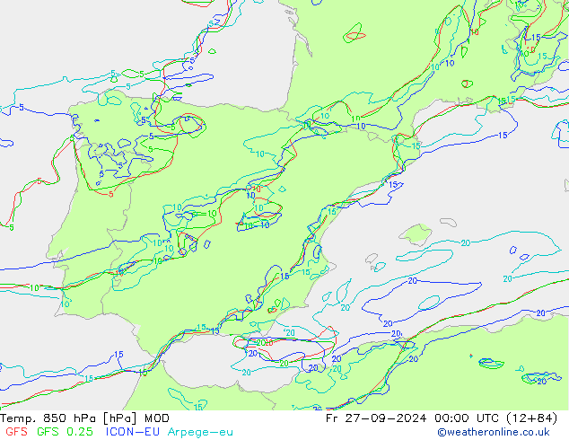 Temp. 850 гПа MOD пт 27.09.2024 00 UTC