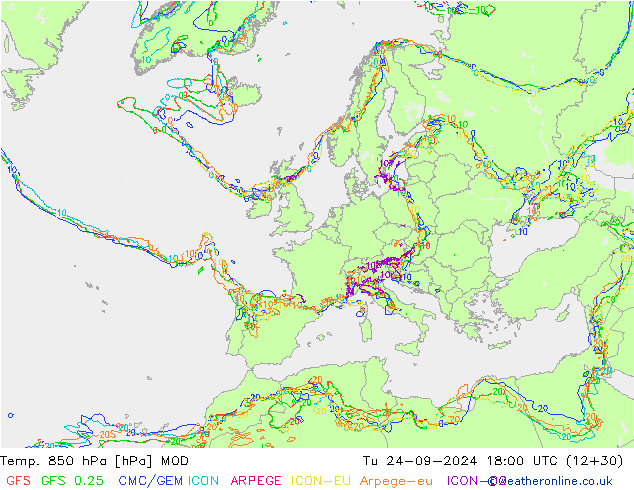 Temp. 850 hPa MOD Tu 24.09.2024 18 UTC