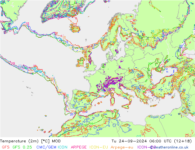 Temperature (2m) MOD Út 24.09.2024 06 UTC