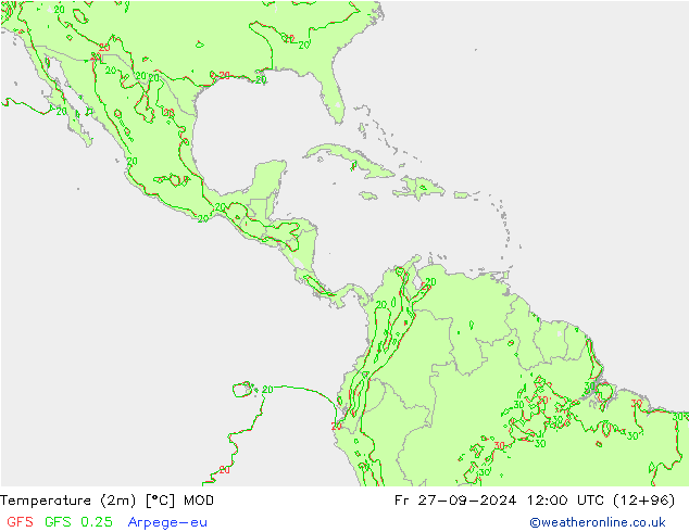 Temperatuurkaart (2m) MOD vr 27.09.2024 12 UTC