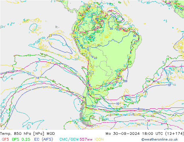 Temp. 850 гПа MOD пн 30.09.2024 18 UTC