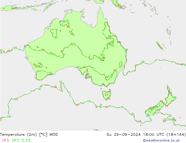 Temperatuurkaart (2m) MOD zo 29.09.2024 18 UTC