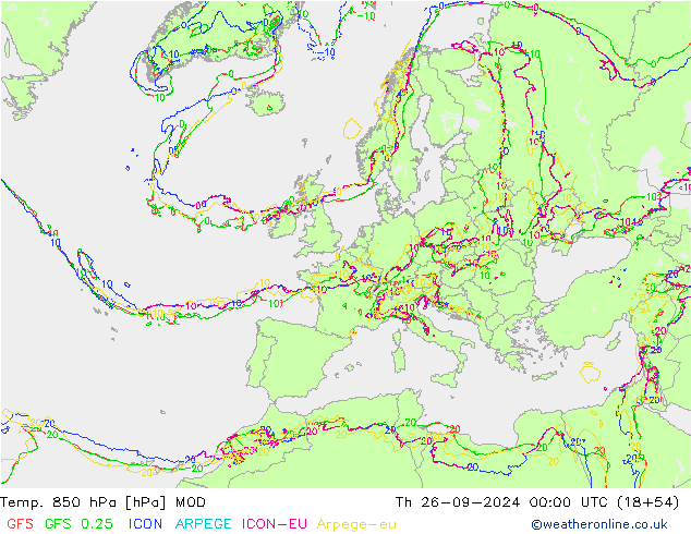 Temp. 850 hPa MOD Čt 26.09.2024 00 UTC