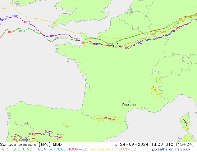 Atmosférický tlak MOD Út 24.09.2024 18 UTC