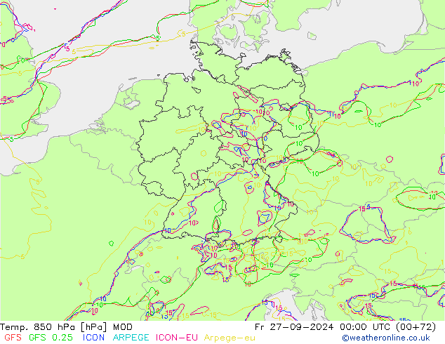 Temp. 850 hPa MOD Fr 27.09.2024 00 UTC