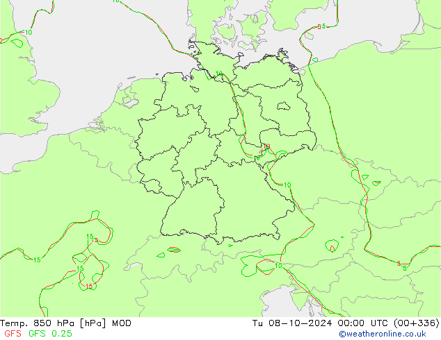 Temp. 850 hPa MOD Út 08.10.2024 00 UTC