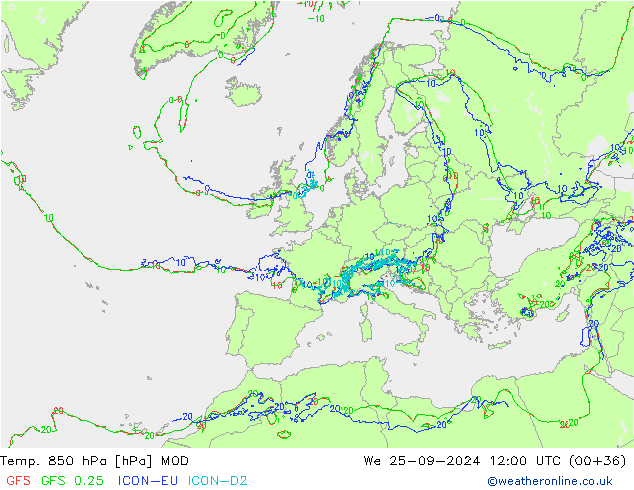 Temp. 850 hPa MOD  25.09.2024 12 UTC