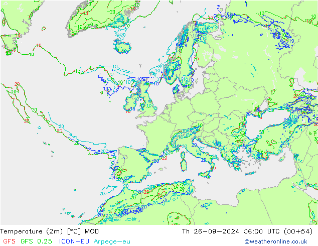 Temperature (2m) MOD Th 26.09.2024 06 UTC