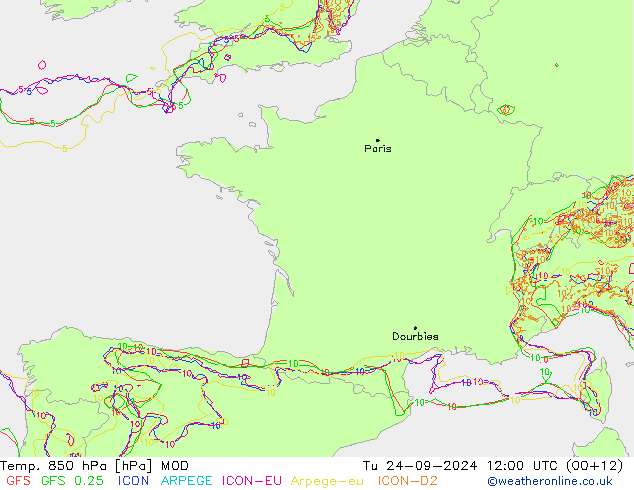 Temp. 850 hPa MOD Di 24.09.2024 12 UTC