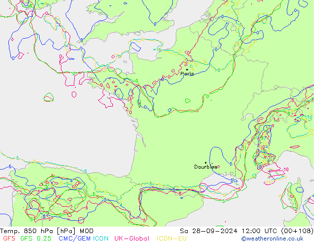 Temp. 850 hPa MOD sab 28.09.2024 12 UTC