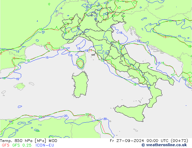 Temp. 850 гПа MOD пт 27.09.2024 00 UTC