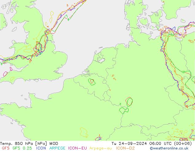 Temp. 850 hPa MOD Di 24.09.2024 06 UTC