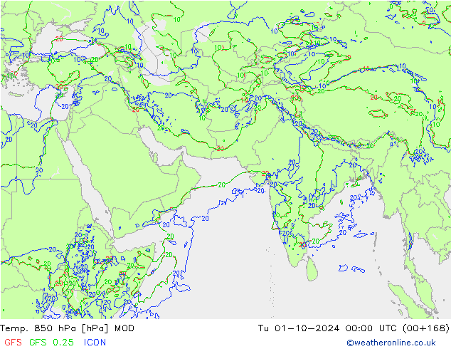 Temp. 850 hPa MOD Tu 01.10.2024 00 UTC