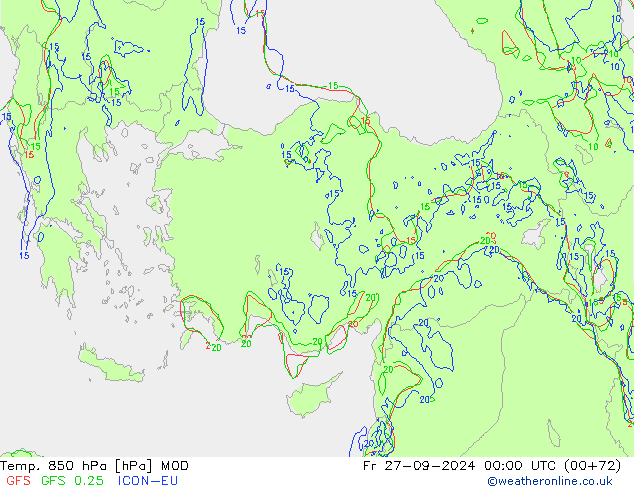 Temp. 850 hPa MOD Fr 27.09.2024 00 UTC