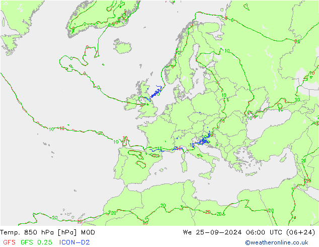 850 hPa Sıc. MOD Çar 25.09.2024 06 UTC