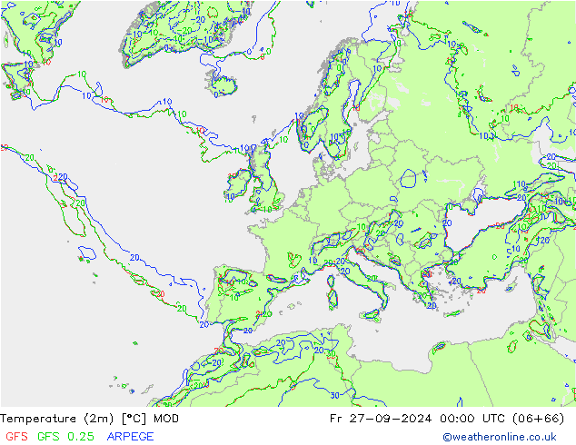 mapa temperatury (2m) MOD pt. 27.09.2024 00 UTC