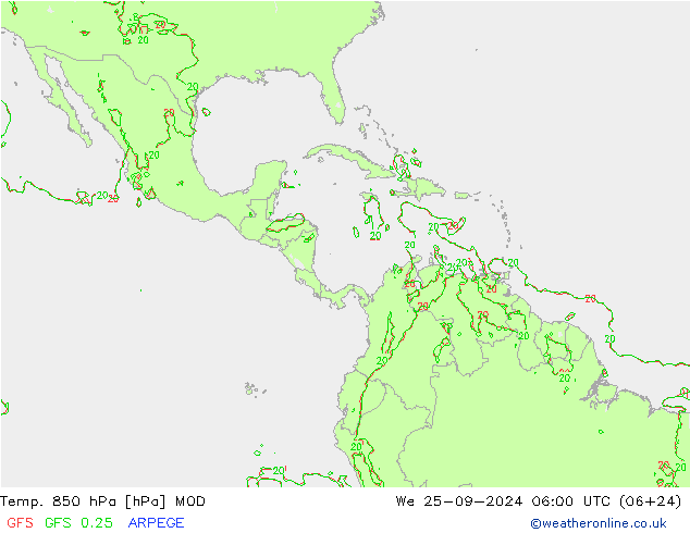 Temp. 850 hPa MOD Qua 25.09.2024 06 UTC