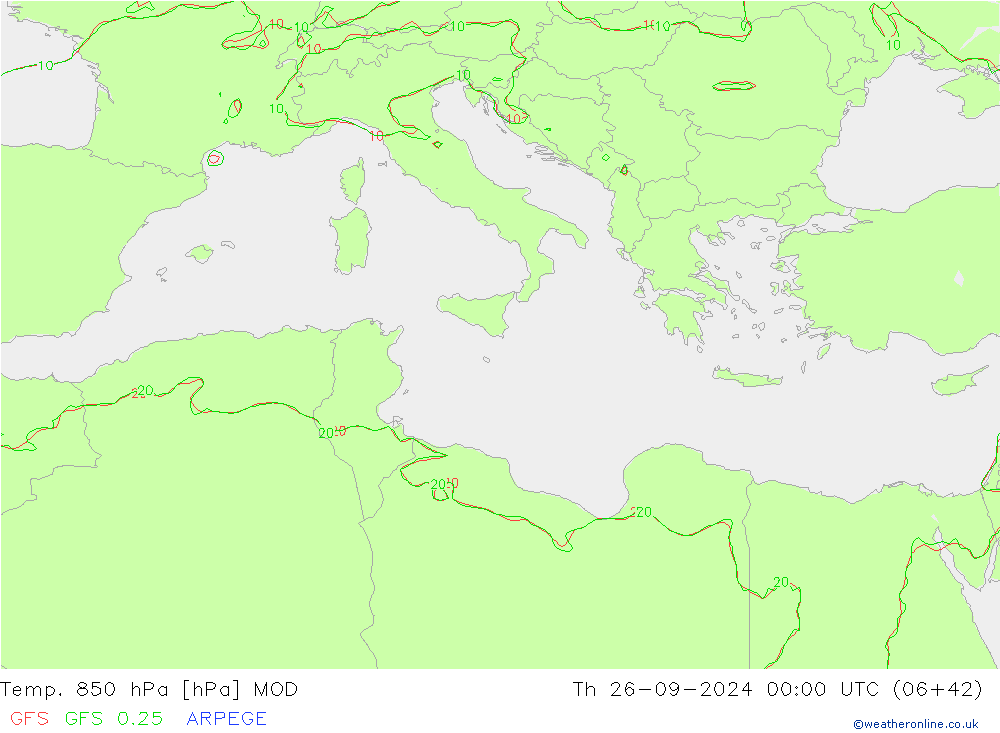 Temp. 850 hPa MOD Th 26.09.2024 00 UTC