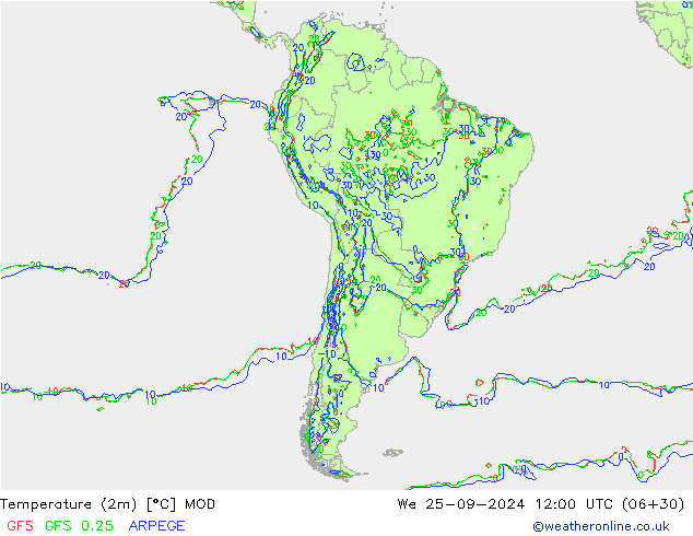 Temperatuurkaart (2m) MOD wo 25.09.2024 12 UTC