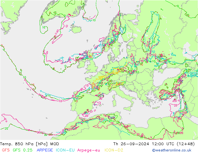 Temp. 850 hPa MOD gio 26.09.2024 12 UTC