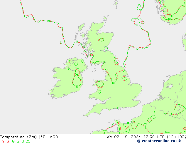 Temperatuurkaart (2m) MOD wo 02.10.2024 12 UTC