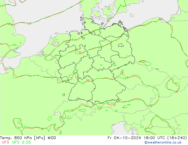 Temp. 850 hPa MOD Sex 04.10.2024 18 UTC