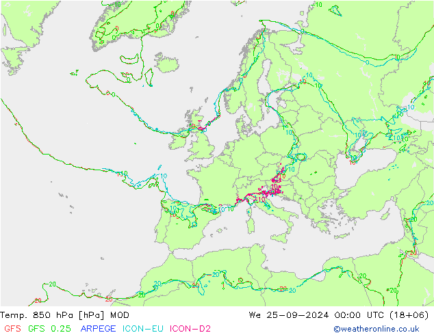 Temp. 850 hPa MOD Qua 25.09.2024 00 UTC