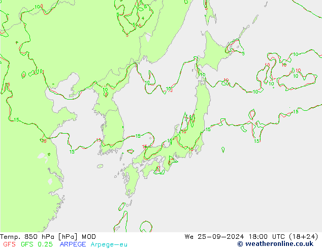 Temp. 850 hPa MOD  25.09.2024 18 UTC