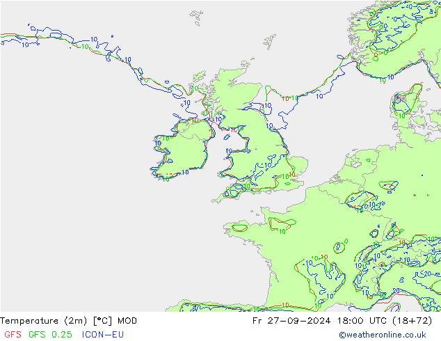 Temperatura (2m) MOD vie 27.09.2024 18 UTC