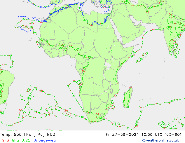 Temp. 850 hPa MOD vr 27.09.2024 12 UTC