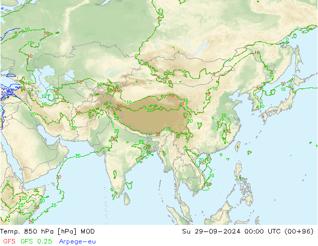 Temp. 850 hPa MOD  29.09.2024 00 UTC