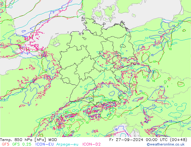 Temp. 850 hPa MOD vr 27.09.2024 00 UTC