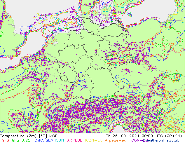 Temperature (2m) MOD Th 26.09.2024 00 UTC